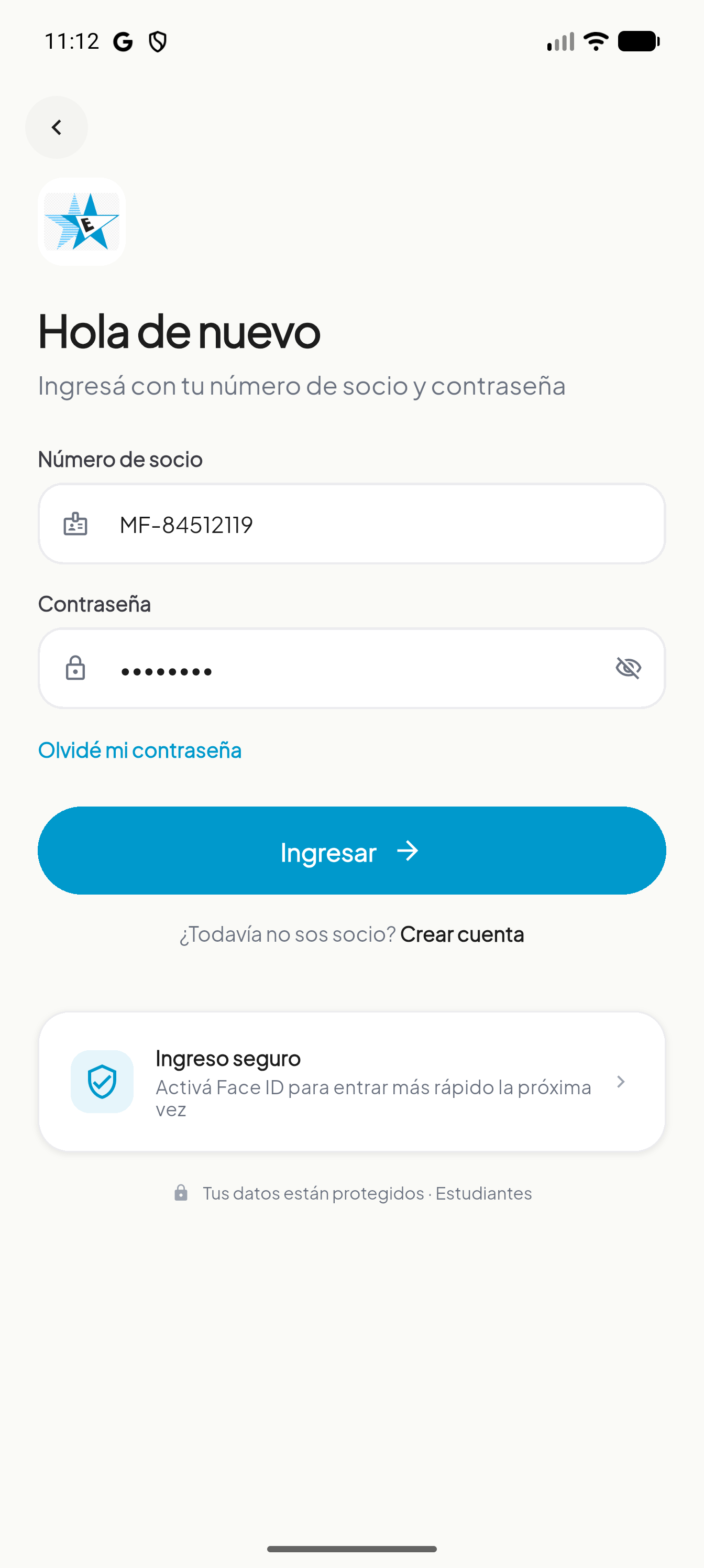 Pantalla de login de la app