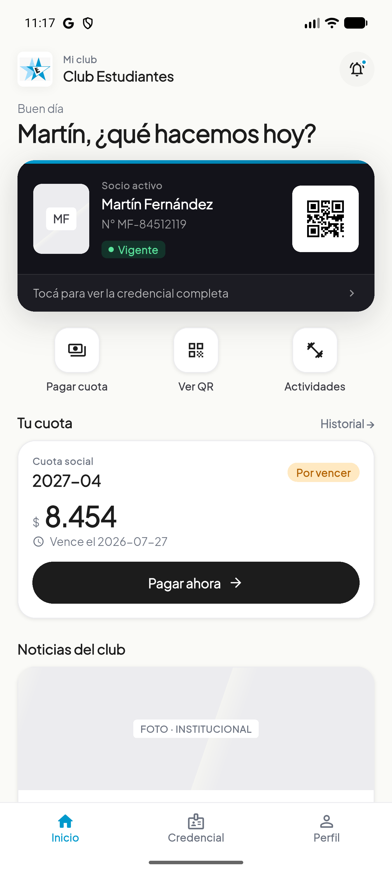 Pantalla de inicio de la app