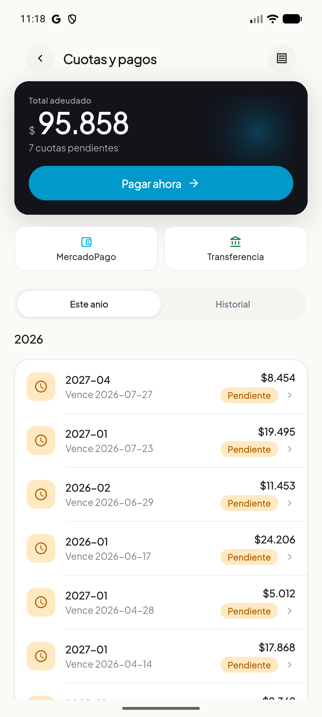 Pantalla de cuotas y pagos